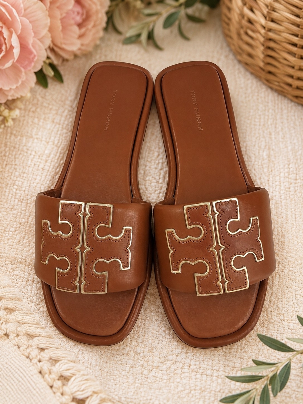 Tory Burch Double T Logo Slide Sandals - Picture 1 of 6